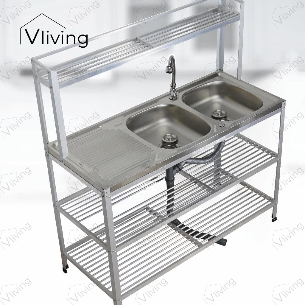 Vliving ซิ้งค์ล้างจาน อ่างล้างจาน สแตนเลส 2หลุม 3ชั้น มีบน รูปที่ 8