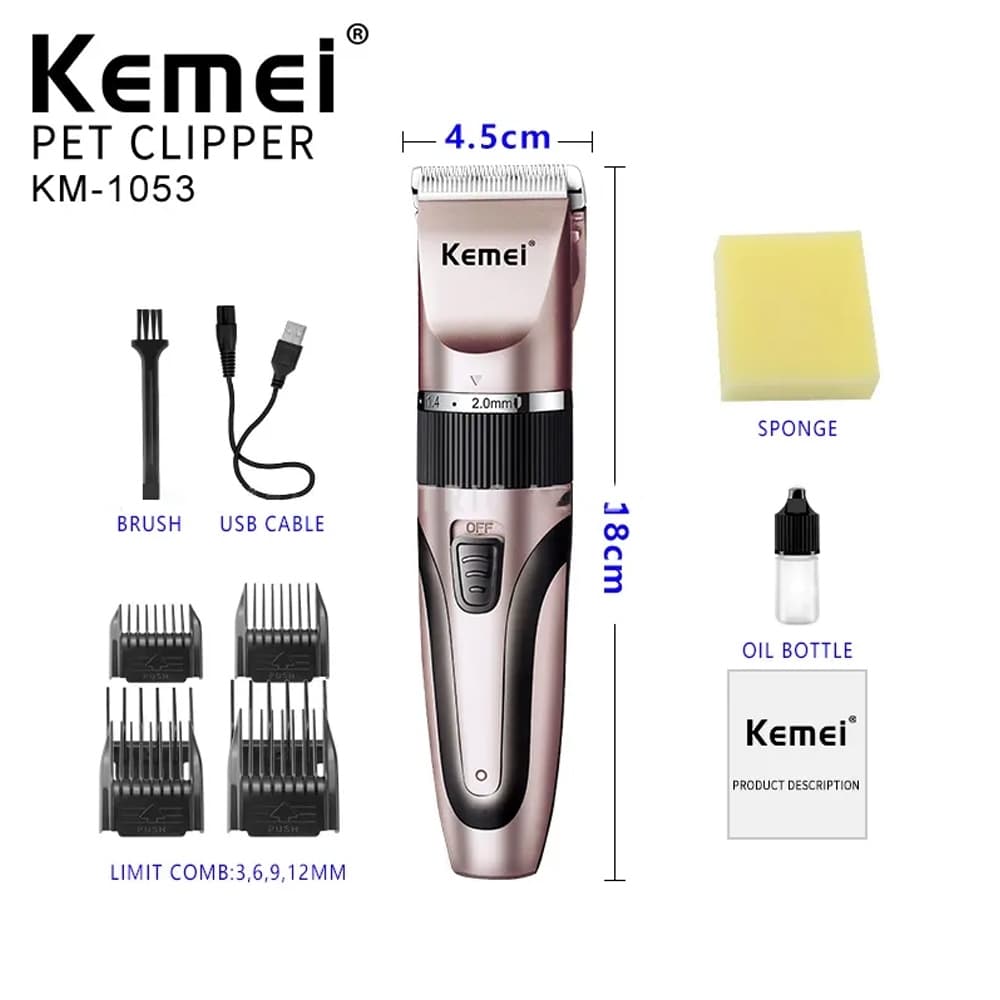 Kemei Km-1053 ปัตตาเลี่ยนตัดขนสุนัข ไร้สาย KM1053 แบตตาเลี่ยนตัดขนแมว ตัดคม เสียงเงียบ หวีรอง 4 ขนาด ของแท้ คละสี รูปที่ 2