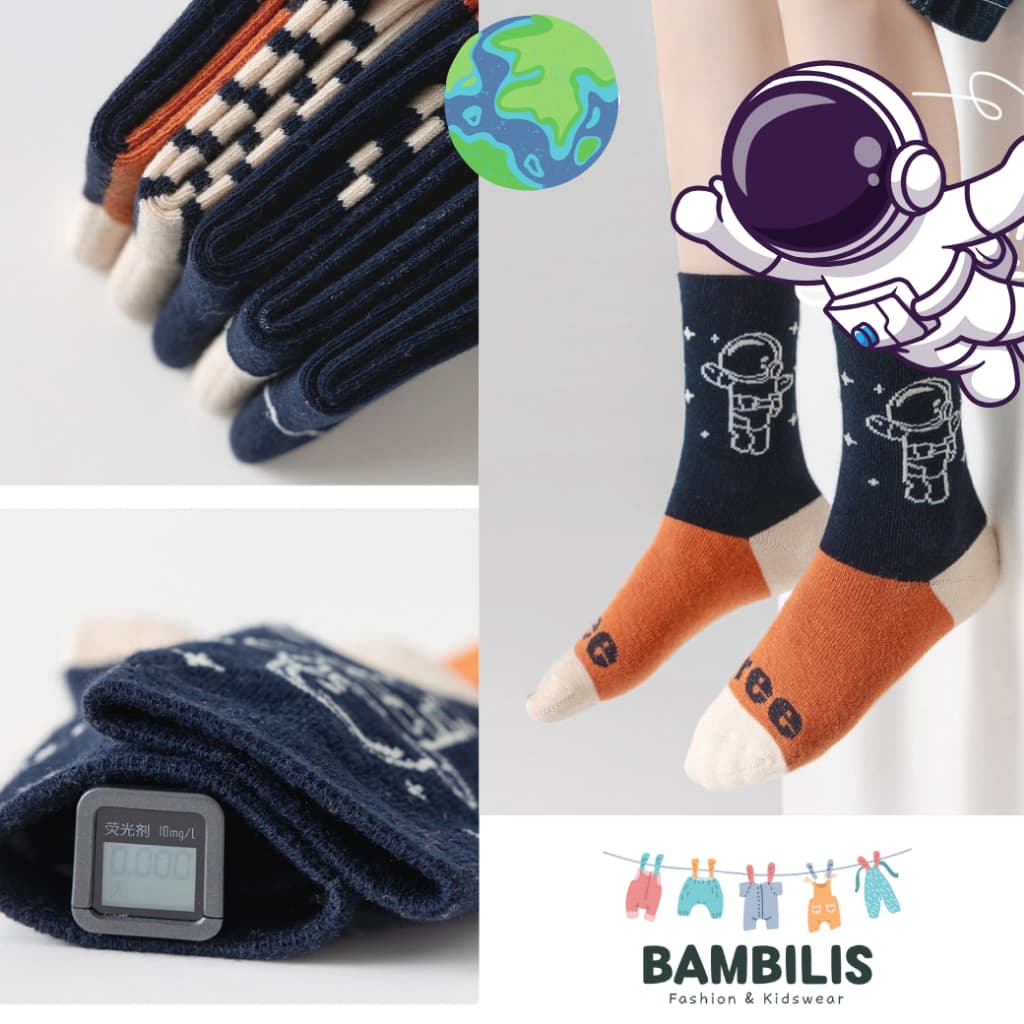 Bambilis : ถุงเท้าเด็ก ถุงเท้าเด็กกันลื่นข้อสั้น 1 แพคมี 5 คู่ ลายอวกาศสีส้ม รูปที่ 3