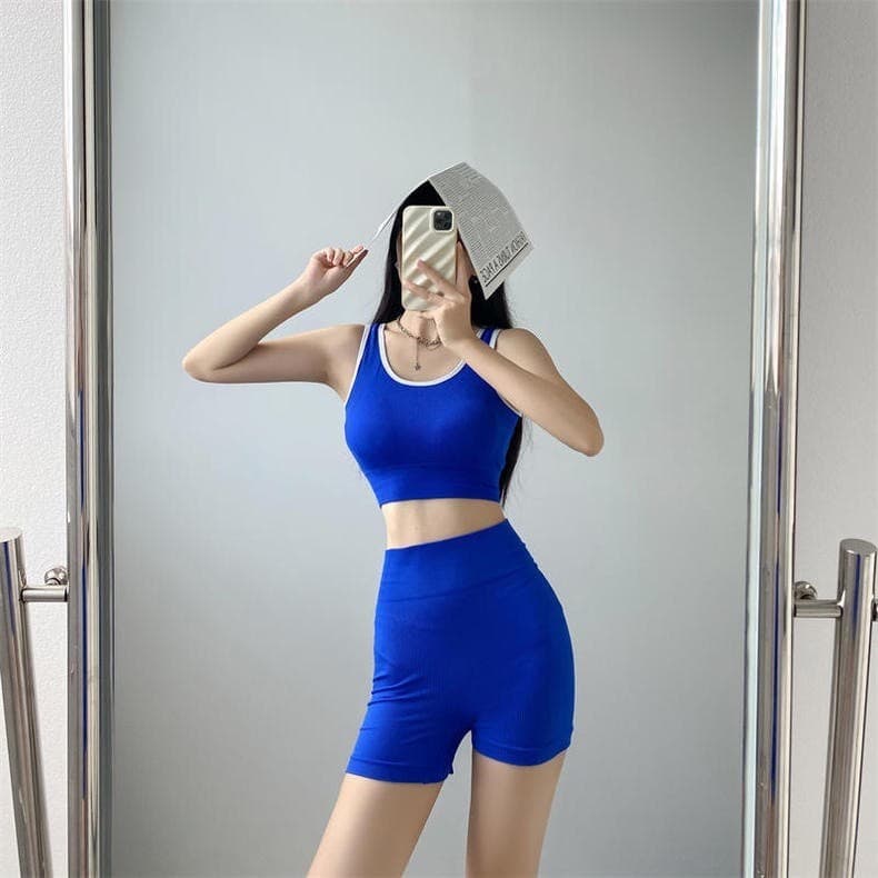 ชุดออกกำลังกายผู้หญิง สปอร์ตบรา ผ้ายืด เสื้อ+กางเกง สปอร์ตบราออกกำลังกาย MJ binbinzhao รูปที่ 4