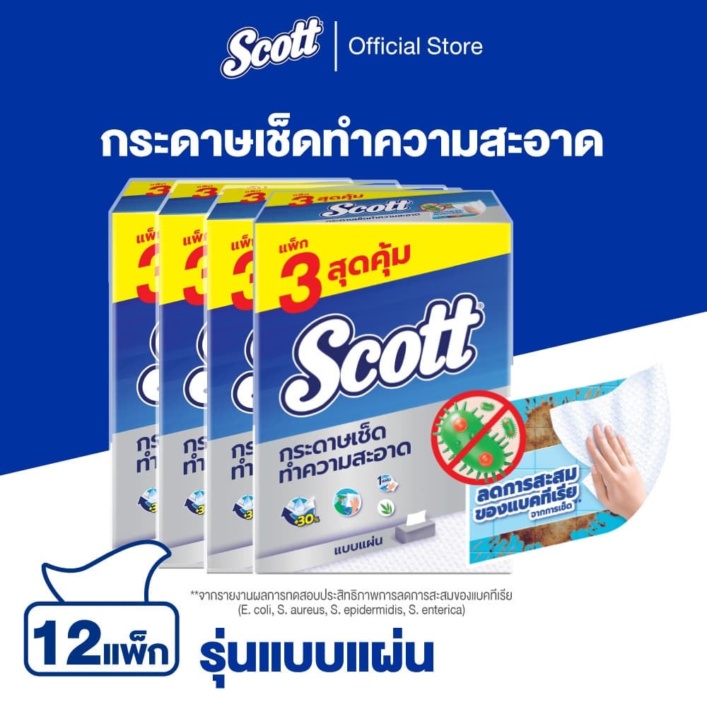 กระดาษเช็ดทำความสะอาดสก๊อตต์®รุ่นลดแบคทีเรีย8 แผ่น 3 แพ็ค x4 Scott Towel Interfold Bacteria Reduction 84Sheets 3 pack x4 รูปที่ 1