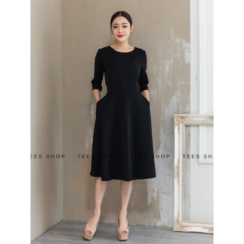 TEESBRAND T1418KP ชุดทำงานสีดำ มีกระเป๋าข้าง แขนห้าส่วน ทรงบาน เสื้อคอกลม ชุดไปงานศพ ชุดสุภาพ ใส่งานพิธี สินค้า รูปที่ 2