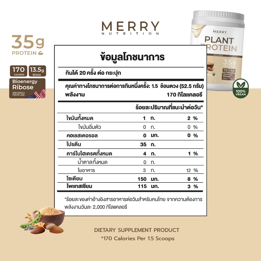Merry Plant Protein โปรตีนพืช 7 ชนิด : รสธรรมชาติ 1 กระปุก 2.3lb. / 1,050g. รูปที่ 9