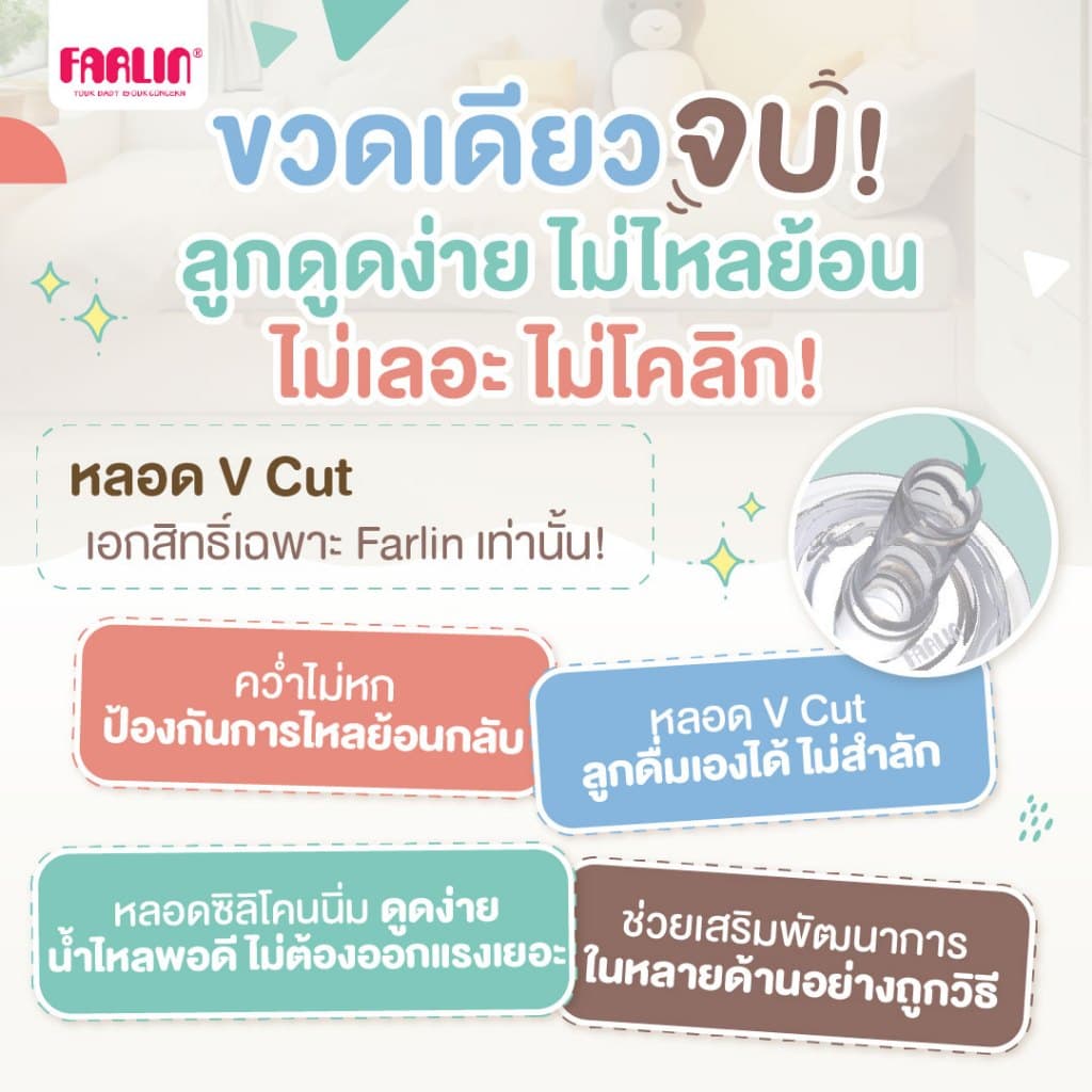 ขวดหัดดื่ม Farlin หลอด V-Cut เอกสิทธิ์เฉพาะ คว่ำไม่หก ป้องกันการหก 2 ชั้น พร้อมวาล์วระบายอากาศ รูปที่ 3