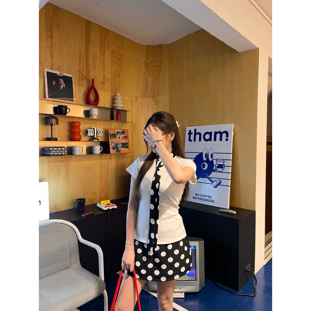 BRB : Polka dots skirt กระโปรงสั้น XS-2XL ลายจุด เอวสูง ซับใน2ชั้น แถมเชือกผูกผม 1 เส้น รูปที่ 8