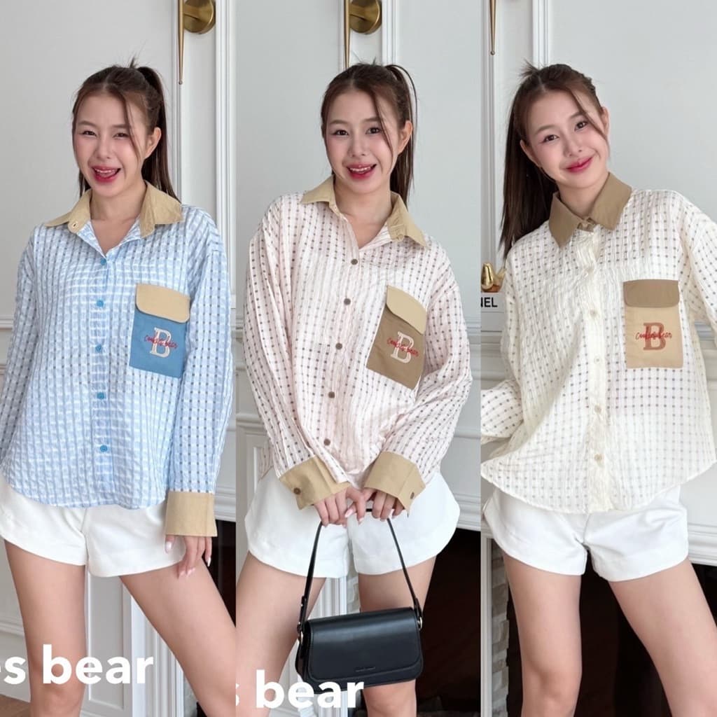 M03 - Cookies Bear เสื้อเชิ้ตโอเวอร์ไซส์แขนยาว B ตัดขอบสีปกแขนกระเป๋าโค้ง รูปที่ 7