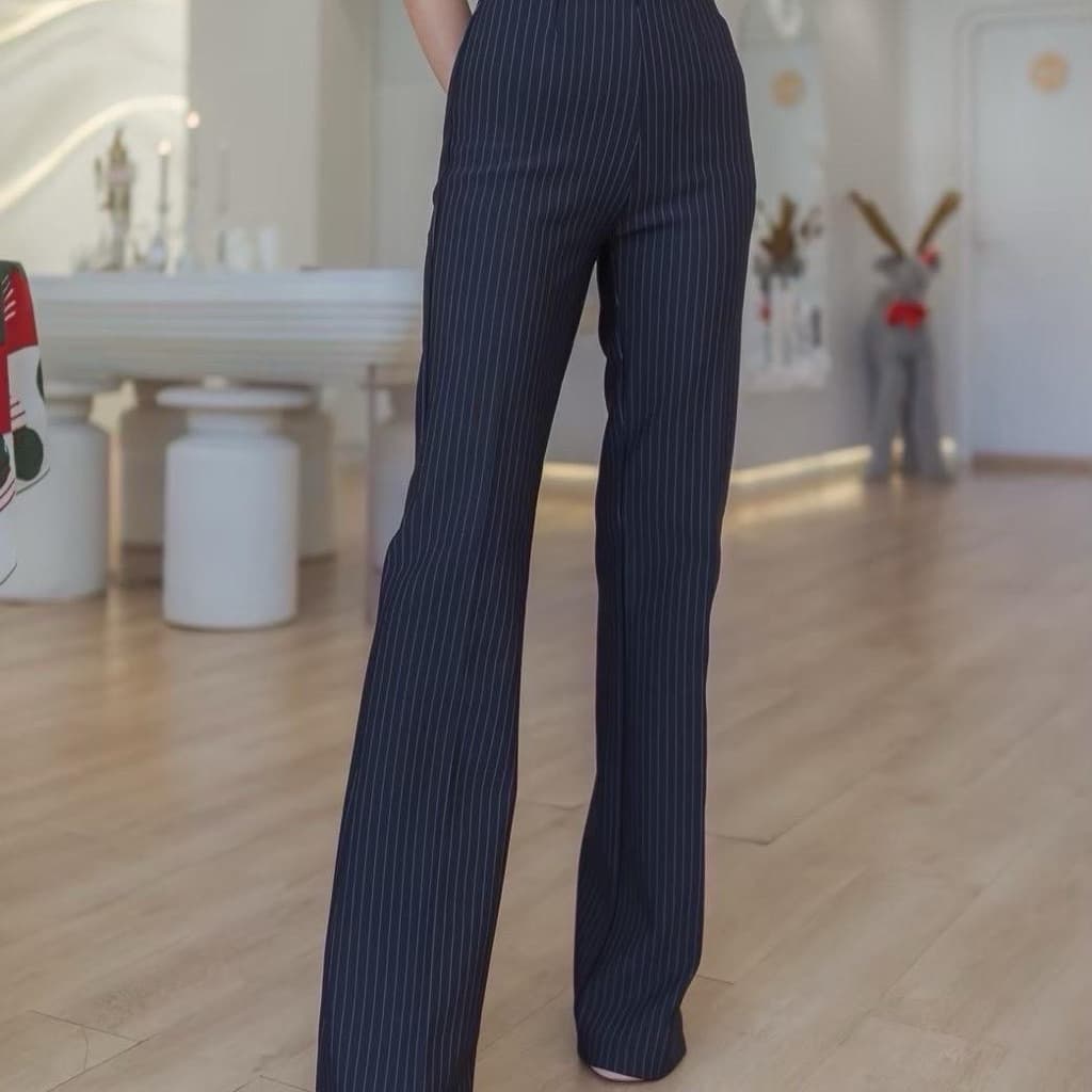 Believe pants กางเกงขาม้าเล็กซิปข้างลายริ้ว ผ้ายืดหยุ่น ทิ้งตัว ซิปข้าง รูปที่ 4