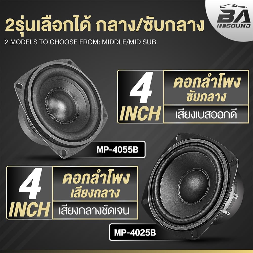 BA SOUND ดอกลำโพง 4 นิ้ว 4OHM มีให้เลือก 2รุ่น BA-4025B / BA-4055B แม่เหล็ก 80x15mm. ลำโพง 4นิ้ว ดอก4นิ้ว ลำโพงติดรถยนต์ รูปที่ 2