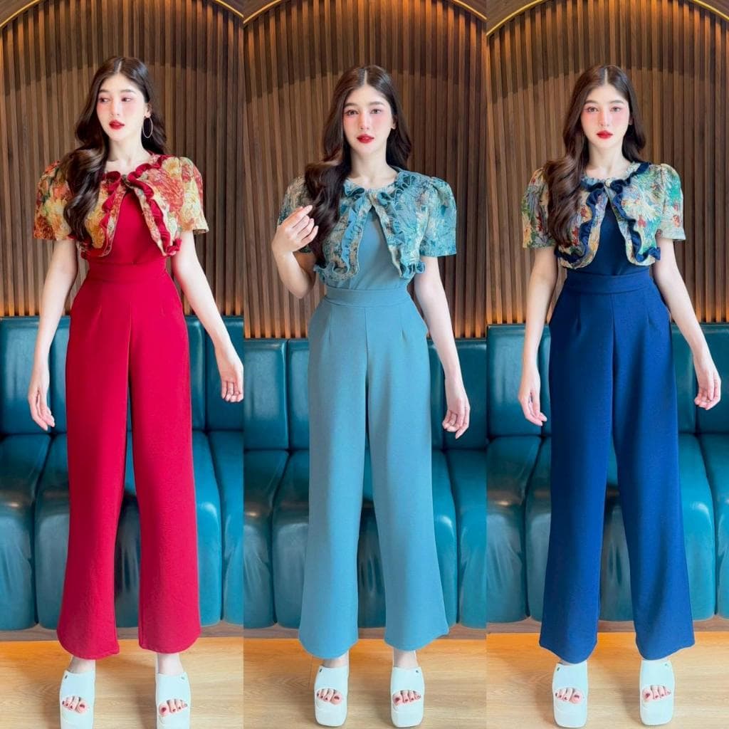 สินค้า Set 2 ชิ้น เสื้อผ้าวูลเวฟแต่งเสื้อคลุมผ้าทอกระดุมหน้า + กางเกงเอวเรียบสม๊อคหลังแต่งกระเป๋า รูปที่ 5