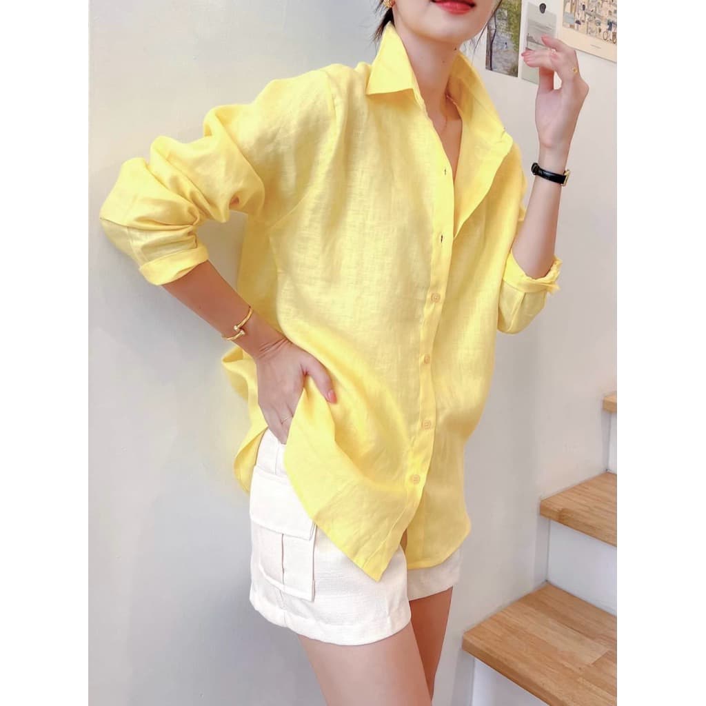 เสื้อเชิ้ตลินินแท้ 100% งานเกรดพรีเมี่ยม โทนสีเขียวเหลือง รูปที่ 6