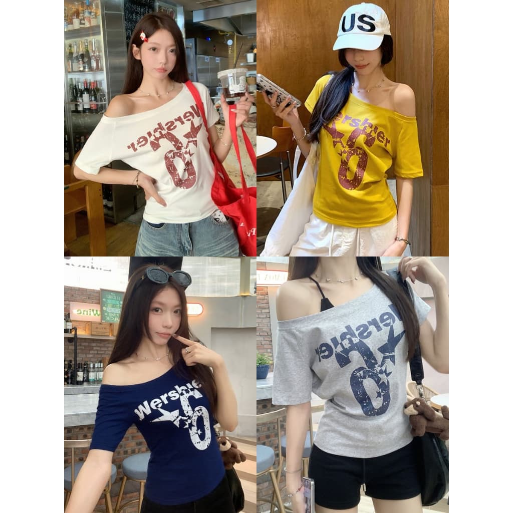 เสือยืดเเขนสั้น เสื้อยืดบาง ทรงหลวม ปาดไหล กันเเดด เนื้อผ้านิ่ม #22320 รูปที่ 1