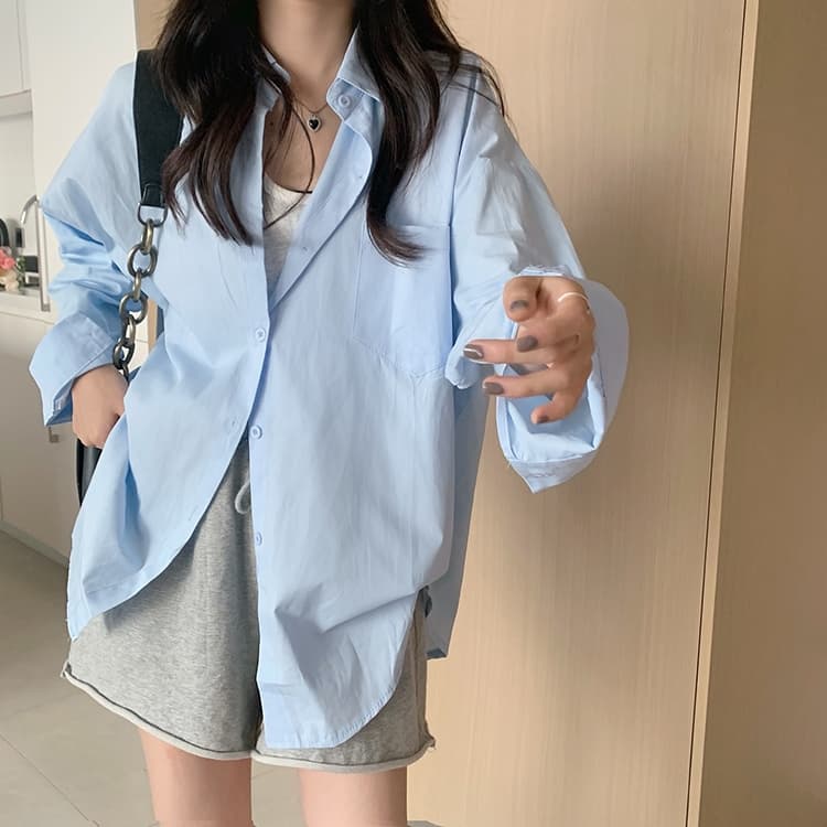 เสื้อผ้ากันแดดผู้หญิง แขนยาวหลวมๆ ทันสมัย เสื้อเชิ้ตสไตล์เกาหลี เรียบง่ายและใช้งานได้หลากหลาย สีพื้น มีกระเป๋าหน้า รูปที่ 5