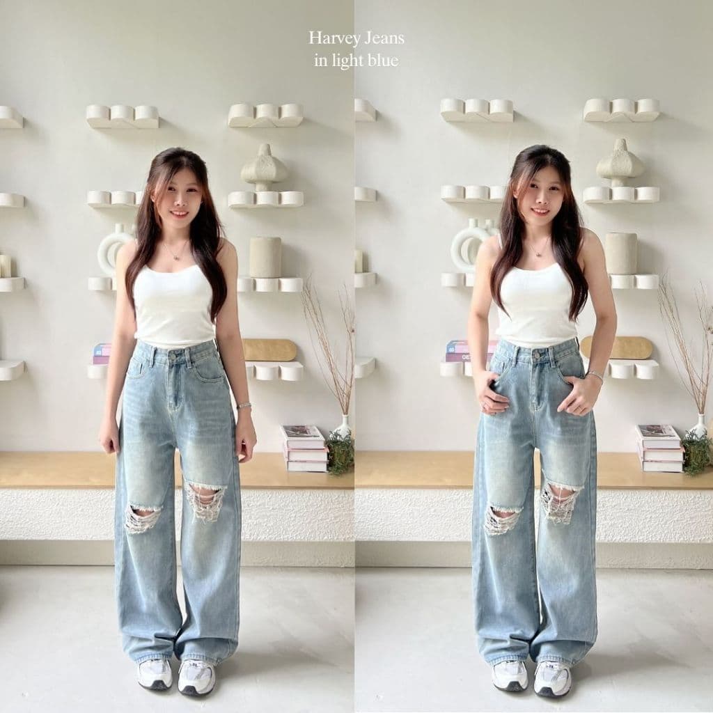 Beberlin กางเกงยีนส์ขากระบอกใหญ่ ดีเทลแต่งขาด รุ่น Harvey jeans / No : 1005 รูปที่ 6