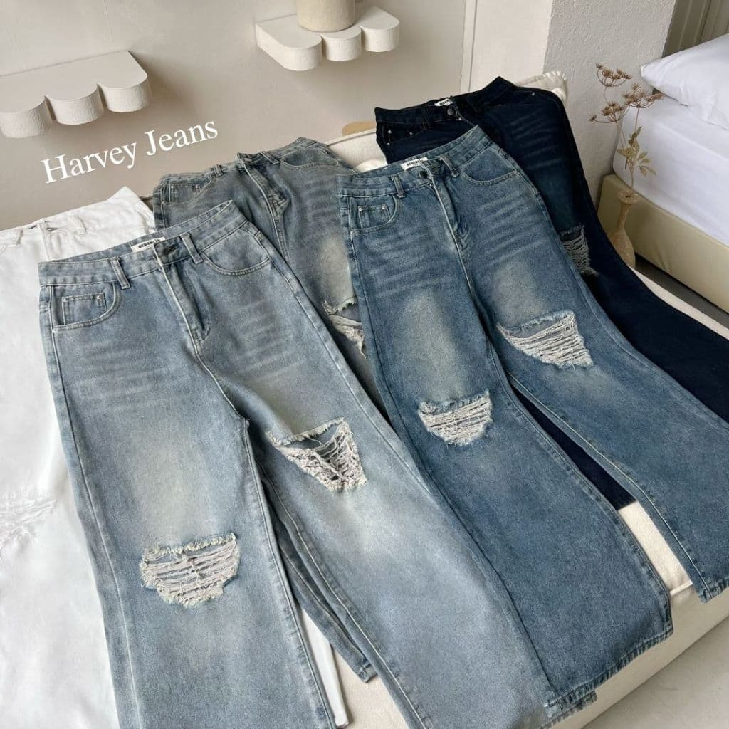 Beberlin กางเกงยีนส์ขากระบอกใหญ่ ดีเทลแต่งขาด รุ่น Harvey jeans / No : 1005 รูปที่ 3