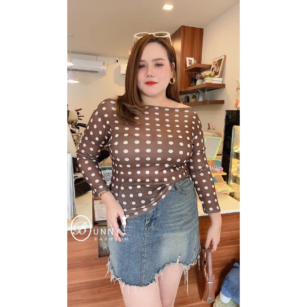 A190 BunnyFashion เสื้อสลาฟปาดไหล่ลายจุด ผ้ายืดเนื้อบาง รูปที่ 3