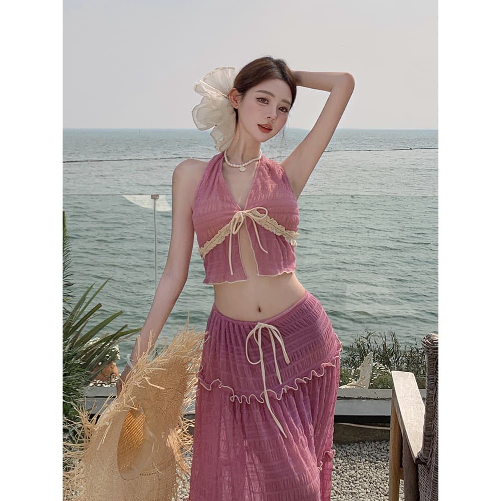 จากไทย ชุดเซ็ตเที่ยวทะเล 3 ชิ้น เซ็กซี่ เดรสยาว คอฮอลเตอร์ ชุดว่ายน้ำ Beachwear รูปที่ 4