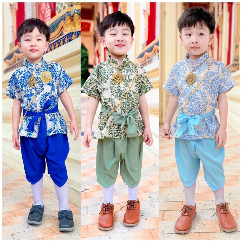 # ชุดเด็กไทยลายใหม่ งานผ้าใหมอิตาลี ใส่สบาย ไม่คัน รูปที่ 1
