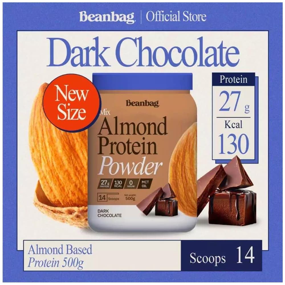 Beanbag Almond Protein Powder Dark Chocolate 500 g. บีนแบ็ก เครื่องดื่มโปรตีนจากพืชผสมอัลมอนด์ชนิดผง รสช็อคโกแล็ต รูปที่ 2