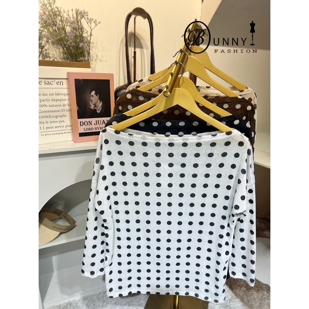A190 BunnyFashion เสื้อสลาฟปาดไหล่ลายจุด ผ้ายืดเนื้อบาง รูปที่ 5