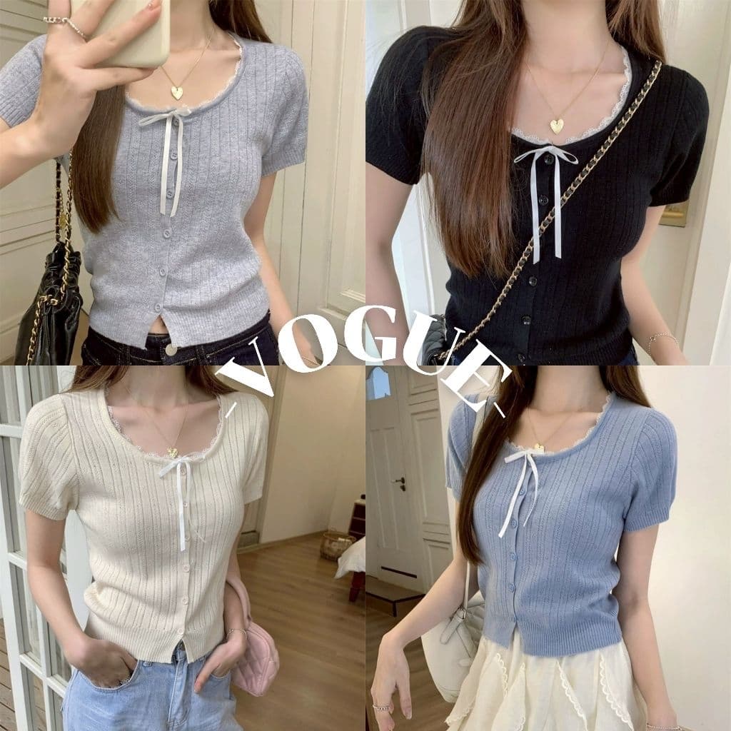 Vogue เสื้อยืดไหมพรม แขนสั้น คอกลม ดีเทลผ้าร่องแต่งโบว์ รูปที่ 1