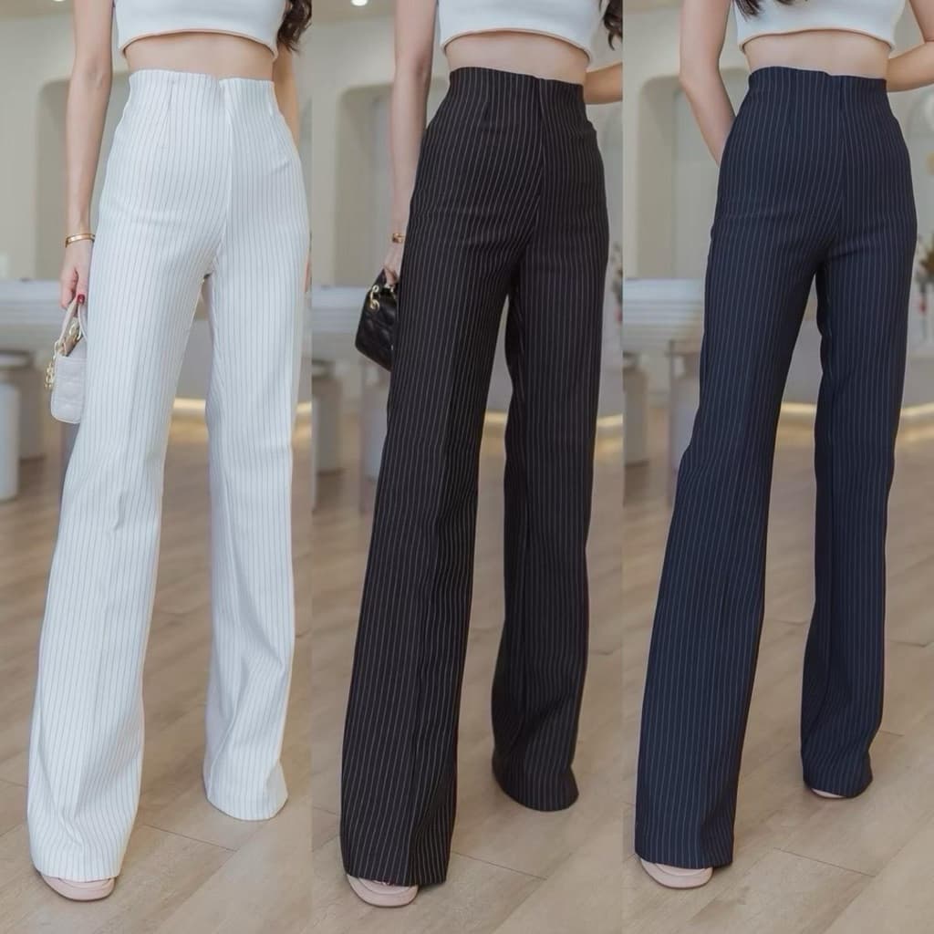Believe pants กางเกงขาม้าเล็กซิปข้างลายริ้ว ผ้ายืดหยุ่น ทิ้งตัว ซิปข้าง รูปที่ 2