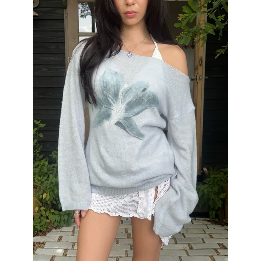 Lily Flower & Swan Knitted Sweater เสื้อไหมพรม รูปที่ 2