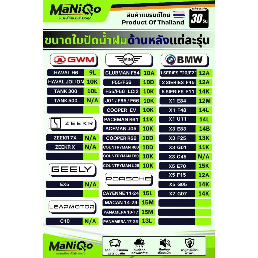 MaNiQo ใบปัดน้ำฝนด้านหลังรถยนต์ทุกรุ่น เกรดพรีเมี่ยม ใช้กับรถญี่ปุ่น รถยุโรป รถไฟฟ้า ทุกรุ่น รูปที่ 6