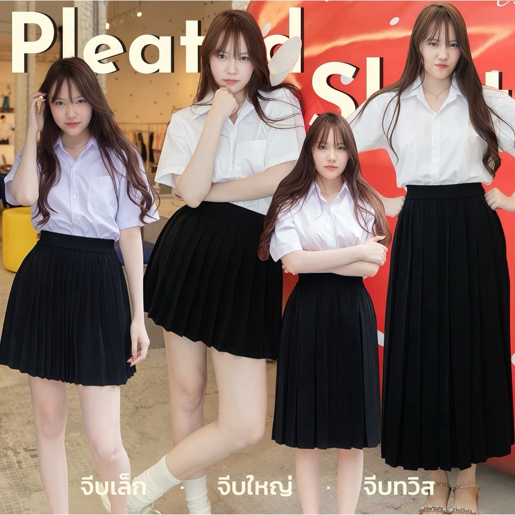 กระโปรงพลีทนักศึกษา จีบเล็ก-จีบใหญ่-จีบทวิส มียาว14-36 (เอวยางยืด ฟรีไซส์-Xl-2Xl) กระโปรงนักศึกษา กระโปรงพลีท