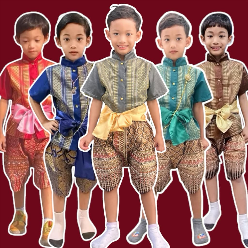 ชุดไทยเด็กชาย รุ่นคอจีนผ้าไหมลายทาง เซต 3 ชิ้น สีเดียวกัน รูปที่ 1