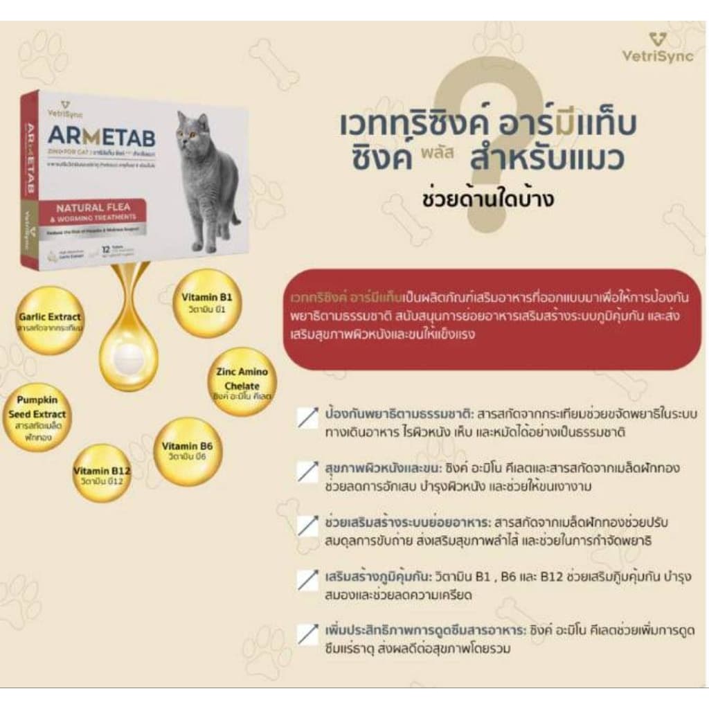 ARMETAB ZINC+ อาร์มีแท็บซิงค์พลัส อาหารเสริมกำจัดเห็บหมัดและพยาธิสำหรับสุนัขและแมว **1กล่องบรรจุ12เม็ด** รูปที่ 7