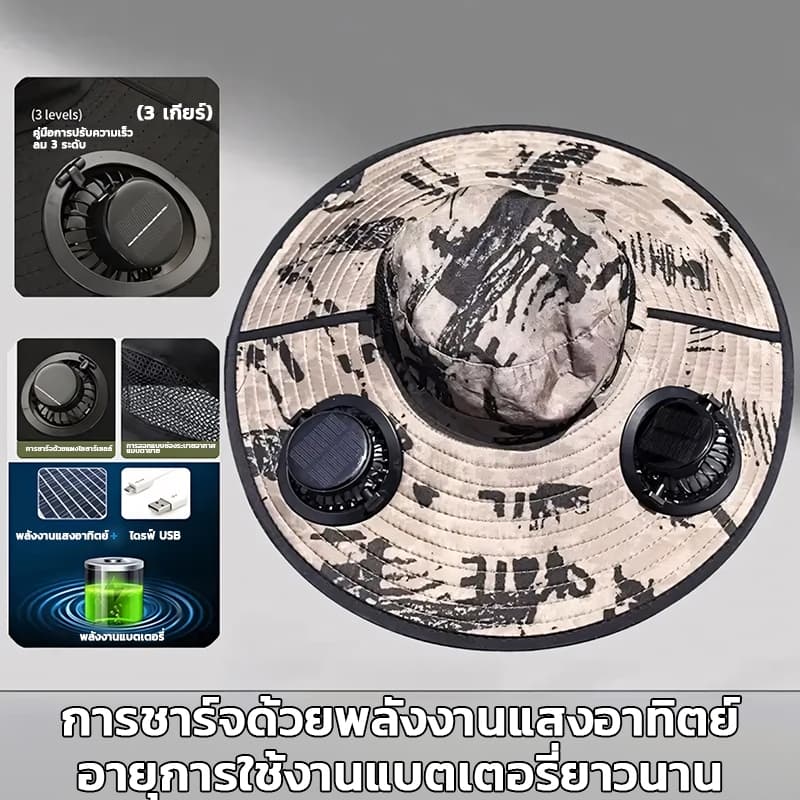 หมวกพัดลมพลังงานแสงอาทิตย์ หมวกบังแดดปีกกว้าง หมวกบังแดด หมวกเดินป่า หมวกกันแดด ฟรี ผ้าบัฟกันแดด ปลอกแขนกันแดด รูปที่ 3