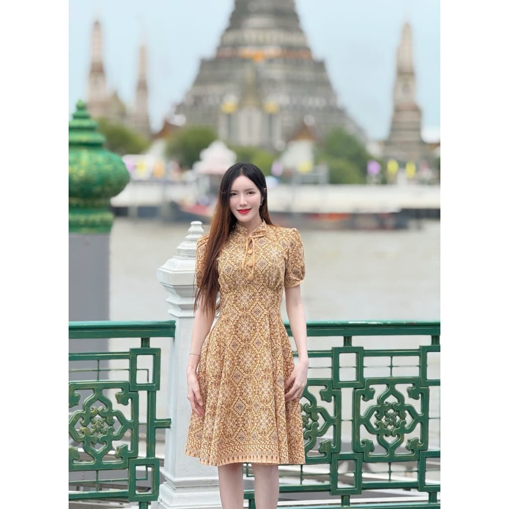 TANTANOD-รหัสTL7 เดรสผูกคอกระโปรงบาน6จีบ แขนตุ๊กตา รูปที่ 3