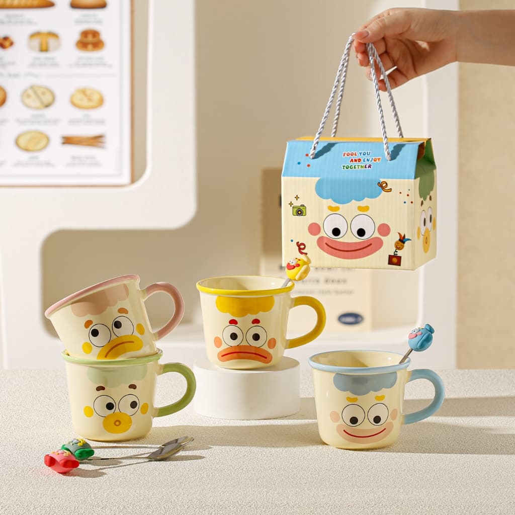 เซตแก้วกาแฟ มีกล่องของขวัญให้ ลายตัวตลก+ช้อน ไม่มีฝา น่ารัก รูปที่ 1