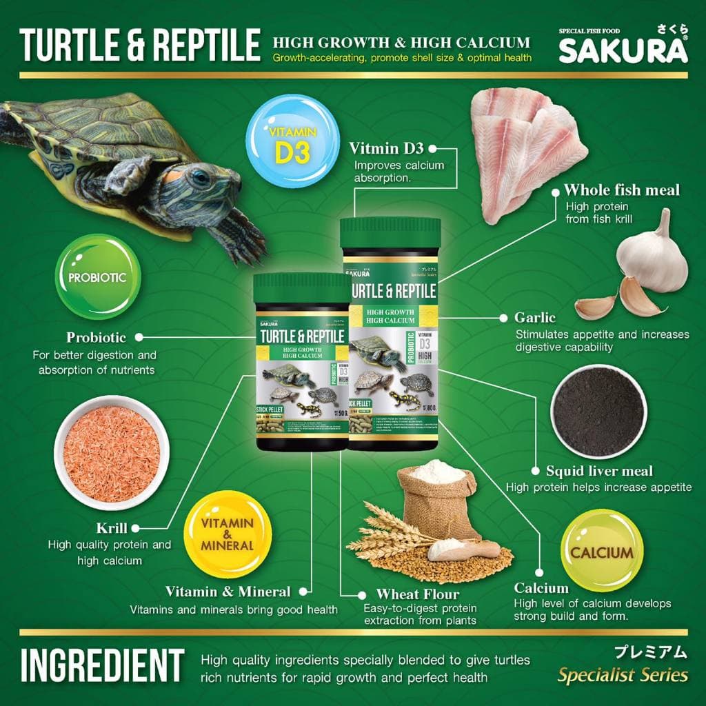 SAKURA SPECIAL TURTLE & REPTILE อาหารเต่า และสัตว์เลื้อยคลาน สูตรเร่งโต กระดองใหญ่ สุขภาพดี รูปที่ 5