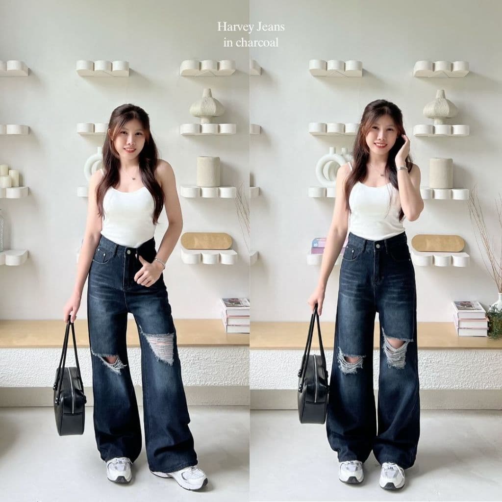 Beberlin กางเกงยีนส์ขากระบอกใหญ่ ดีเทลแต่งขาด รุ่น Harvey jeans / No : 1005 รูปที่ 7
