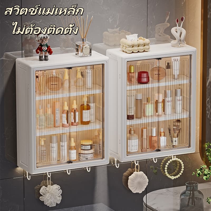 ชั้นวางเครื่องสำอางในห้องน้ำ สามชั้น ห้องน้ำ ตู้ติดผนังในห้องน้ำ ตู้ใส่ของในห้องน้ำกันน้ำ แผ่นกาว ไม่เจาะผนัง รูปที่ 1