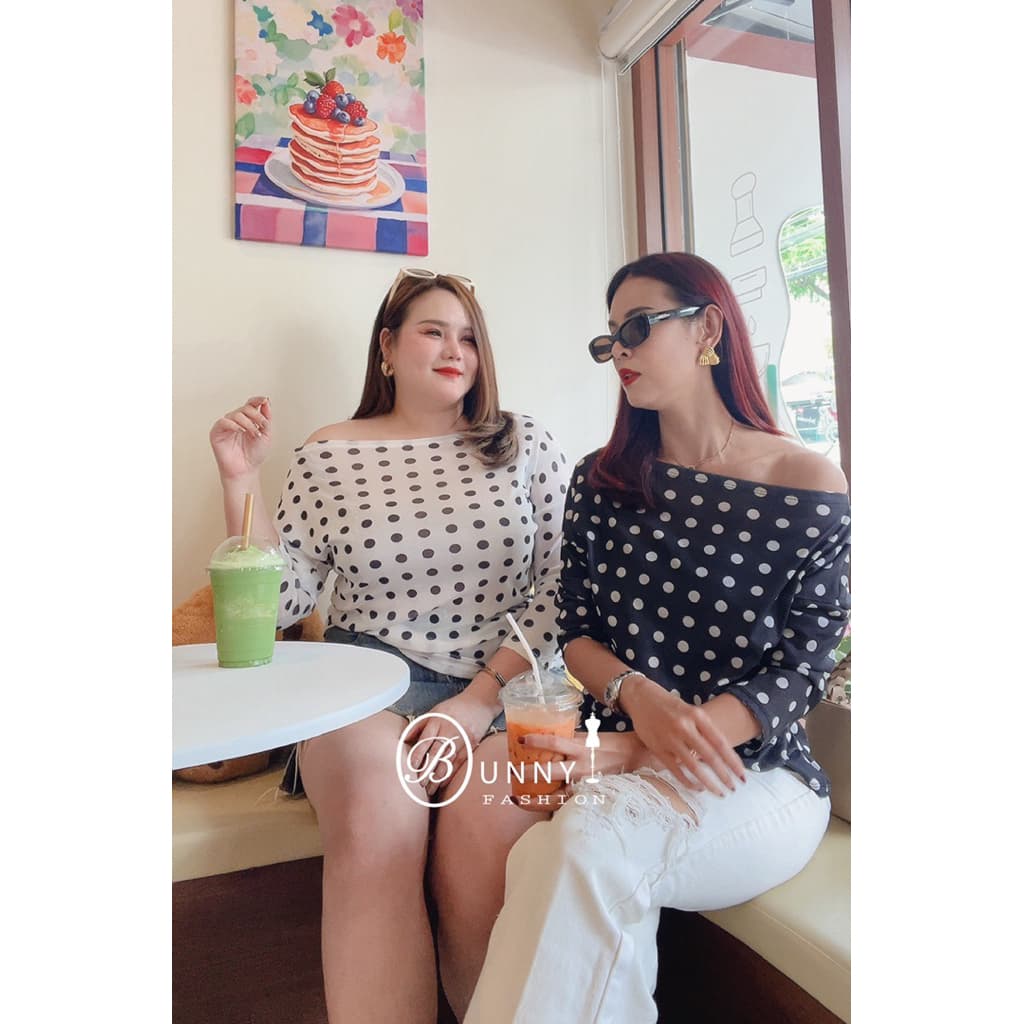 A190 BunnyFashion เสื้อสลาฟปาดไหล่ลายจุด ผ้ายืดเนื้อบาง รูปที่ 2