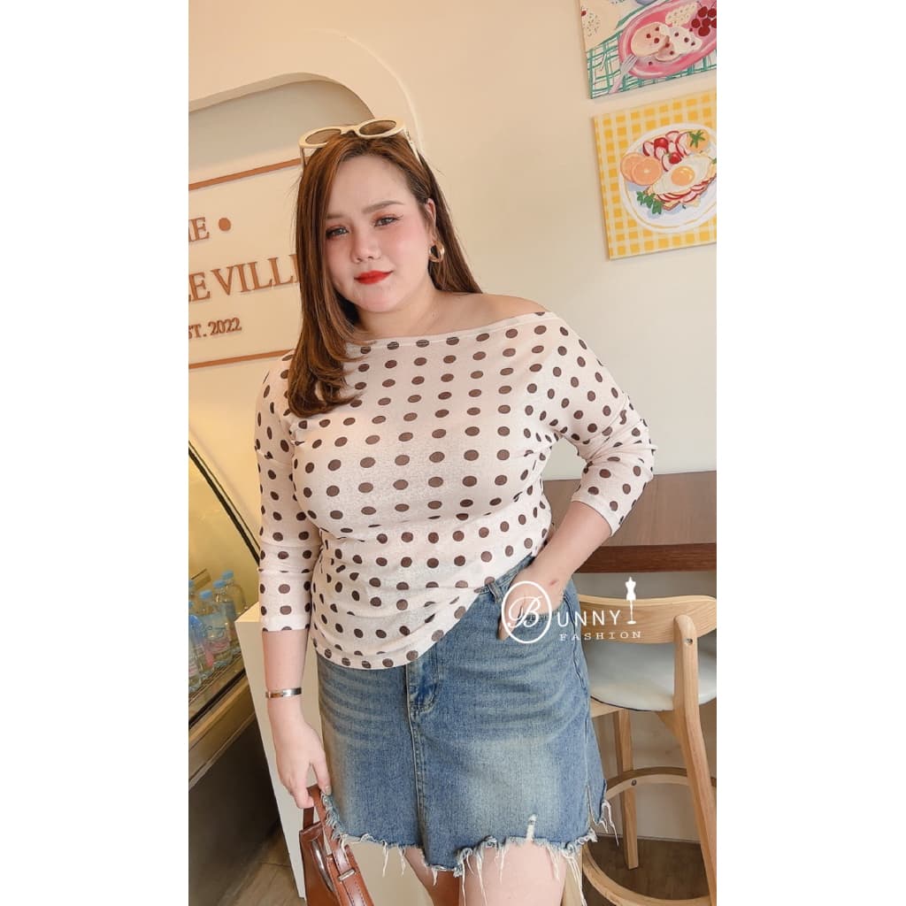 A190 BunnyFashion เสื้อสลาฟปาดไหล่ลายจุด ผ้ายืดเนื้อบาง รูปที่ 4