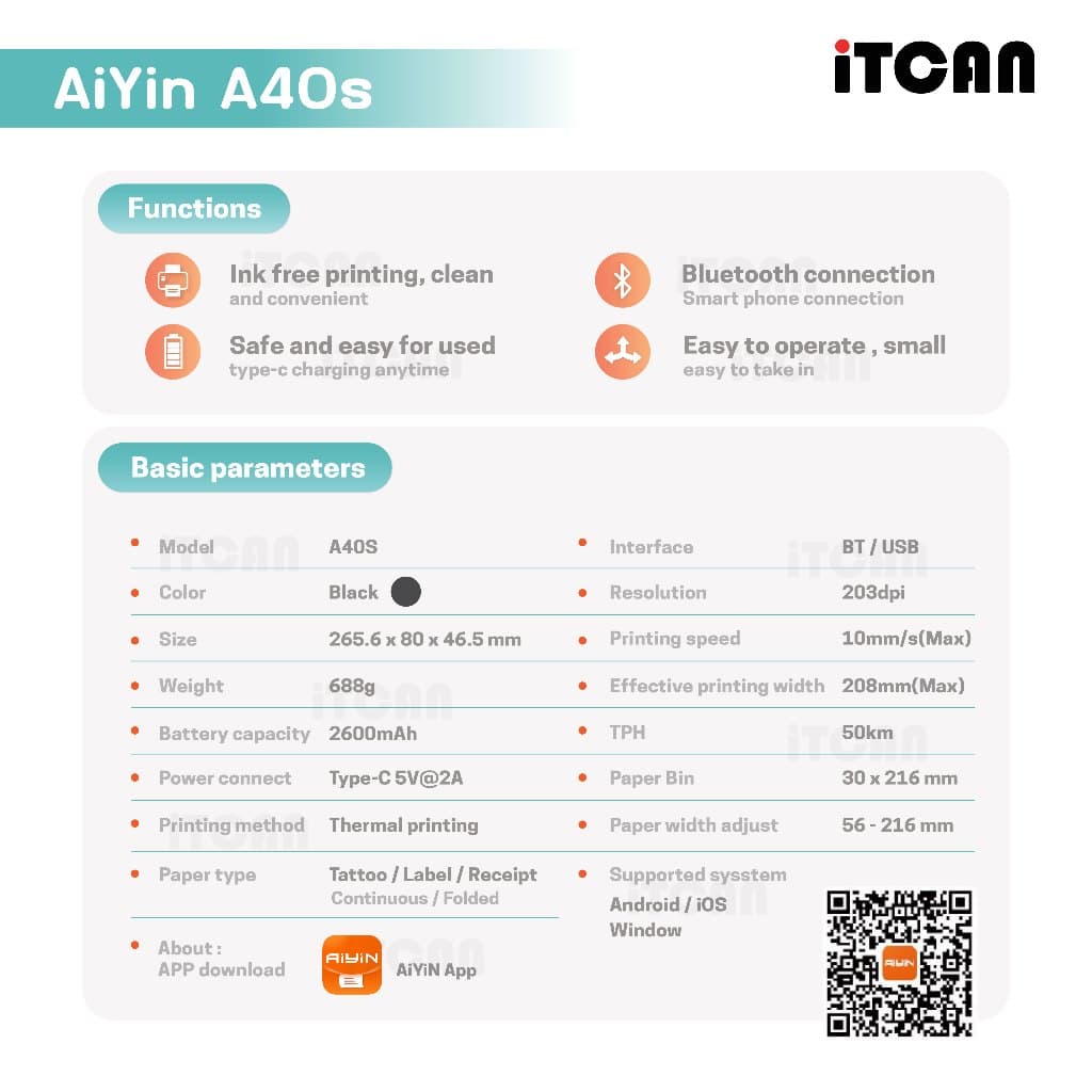 AiYin A40S เครื่องปริ้นรอยสัก เครื่องปริ้นไร้สาย Tattoo ขนาด A4 ปริ้นเตอร์พกพา เครื่องลอกลายสัก รูปที่ 7