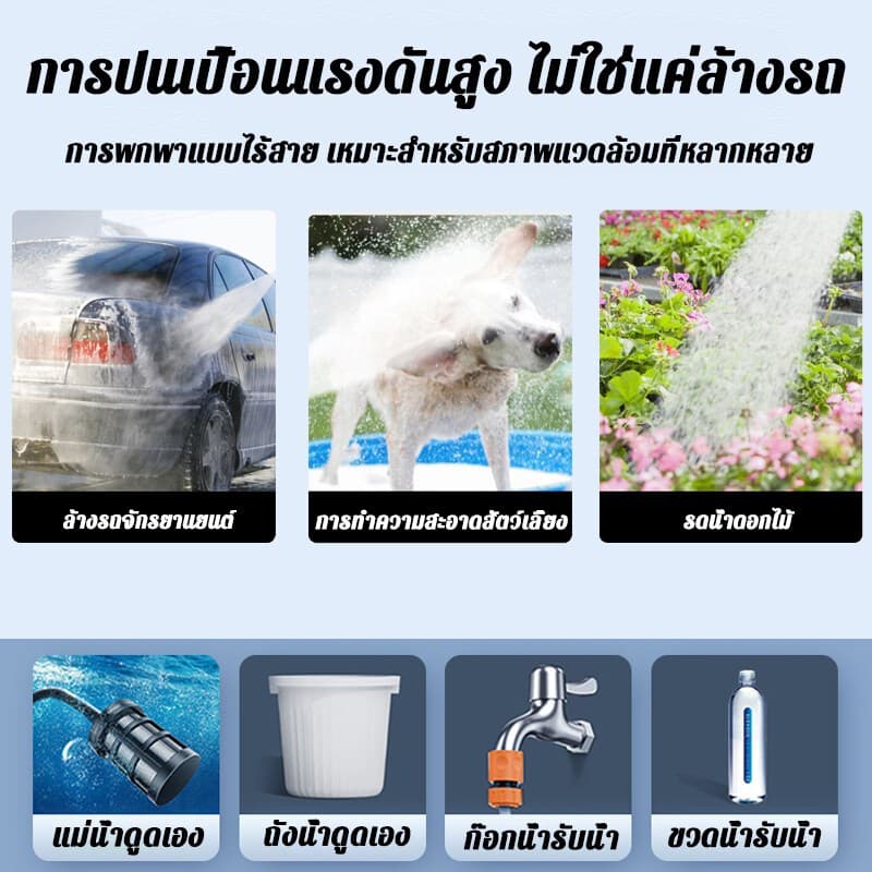ปืนฉีดน้ำแรงดันสูง 23000mAh มีแบต2ก้อน ของแถม16ชิ้น เครื่องฉีดน้ำ ล้างรถได้สิบคัน ล้าง/รดน้ำไ รูปที่ 6