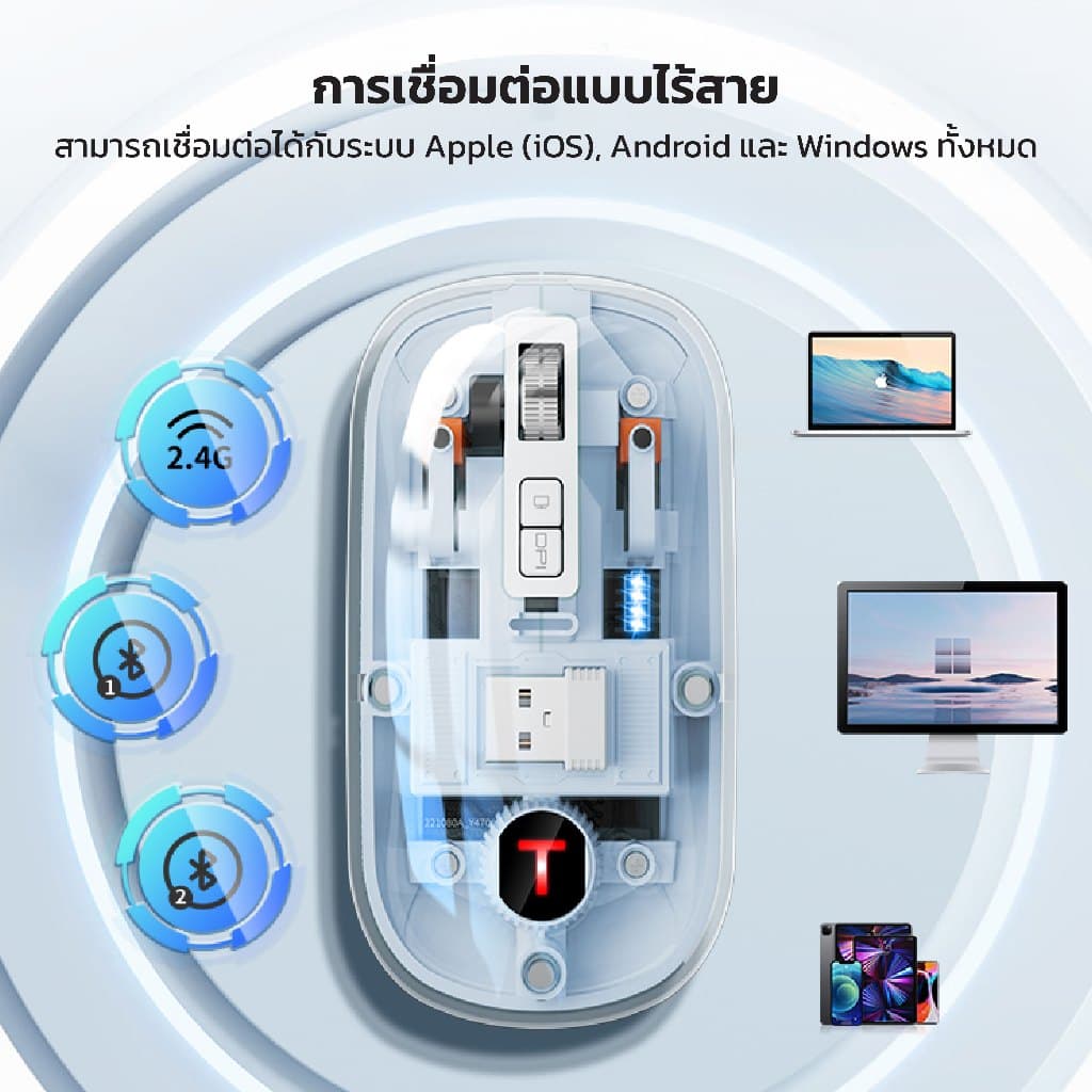 เมาส์ไร้สาย T26 แบบเงียบพิเศษ รองรับ USB/Type-C/Bluetooth 3 โหมด ดีไซน์โปร่งใส ไฟRGB รูปที่ 2