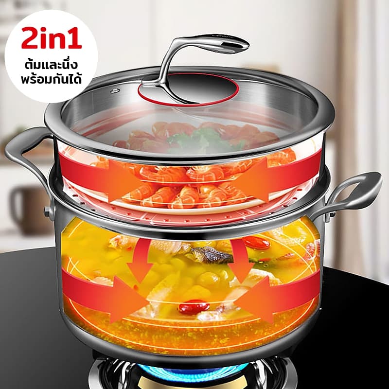 หม้อนึ่งสแตนเลส พร้อมฝาปิดกระจก ชุดหม้อนึ่ง รุ่นสองหู ขนาด24CM ใช้ได้กับทุกเตา หม้อต้มสแตนเลส รูปที่ 5
