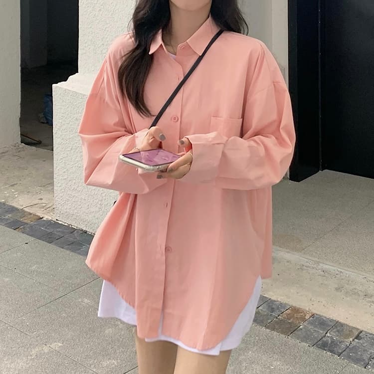 เสื้อผ้ากันแดดผู้หญิง แขนยาวหลวมๆ ทันสมัย เสื้อเชิ้ตสไตล์เกาหลี เรียบง่ายและใช้งานได้หลากหลาย สีพื้น มีกระเป๋าหน้า รูปที่ 3