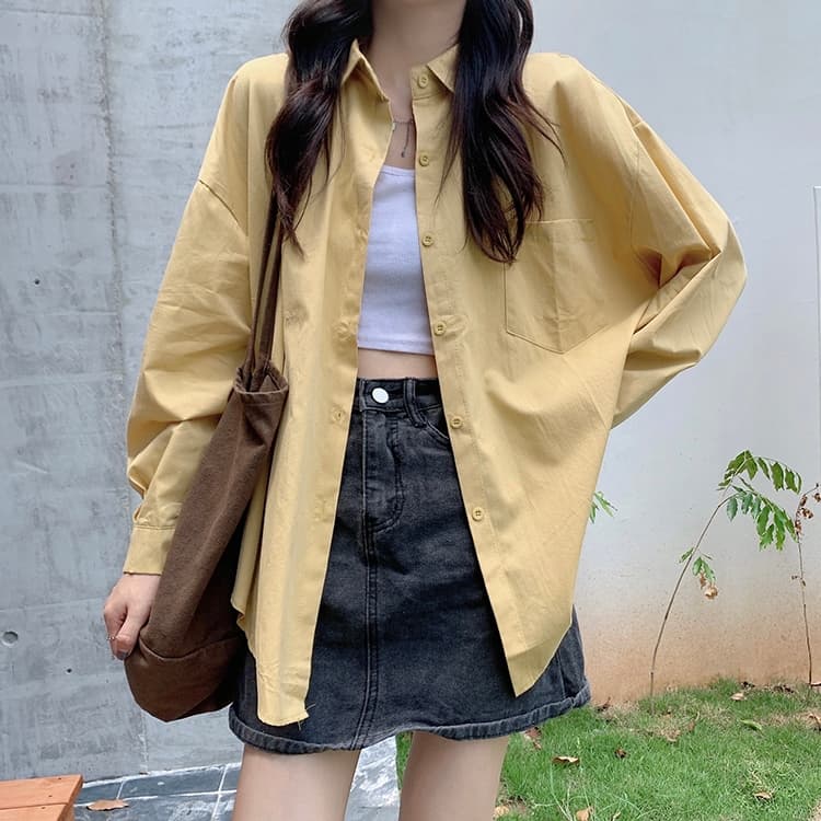 เสื้อผ้ากันแดดผู้หญิง แขนยาวหลวมๆ ทันสมัย เสื้อเชิ้ตสไตล์เกาหลี เรียบง่ายและใช้งานได้หลากหลาย สีพื้น มีกระเป๋าหน้า รูปที่ 8