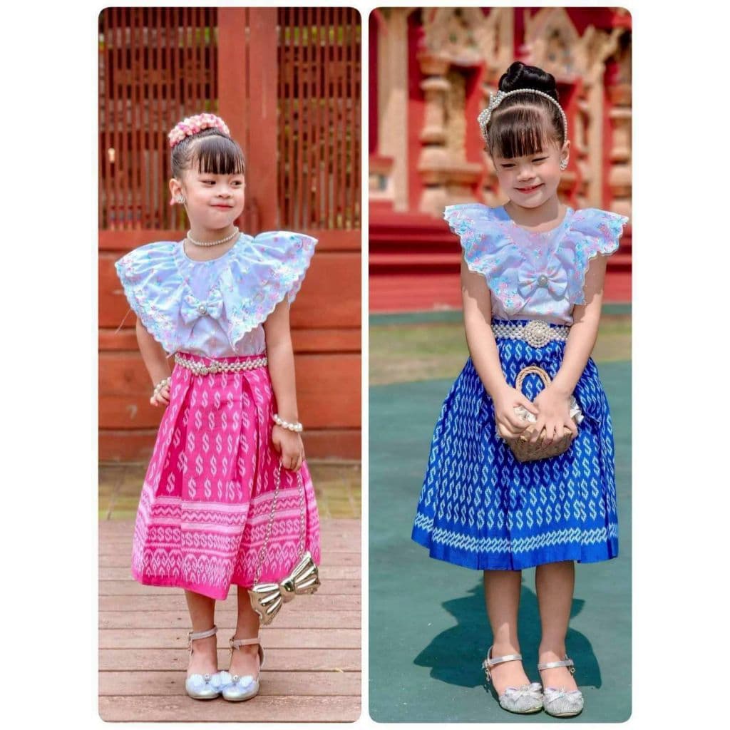 ชุดไทยเสื้อแต่งแขนระบายปักฉลุสีรุ้ง ตกแต่งโบว์ประดับมุก รูปที่ 1