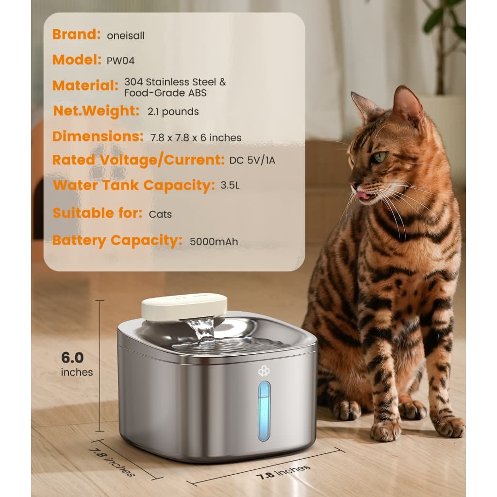 Oneisall น้ำพุแมวไร้สาย 3.5L น้ำพุแมว ให้น้ำแมว น้ำพุหมา สเตนเลส304 รุ่น PW04 รูปที่ 3