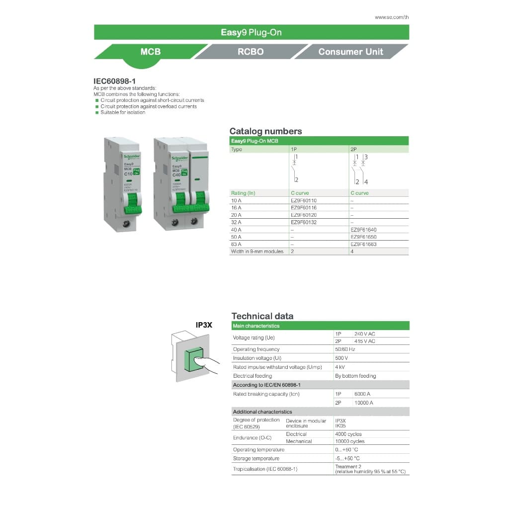 Schneider เมนเซอร์กิตเบรกเกอร์ EZ9F 40A - 63A 2P 10kA Easy9 MCB Miniature Circuit Breaker รูปที่ 7
