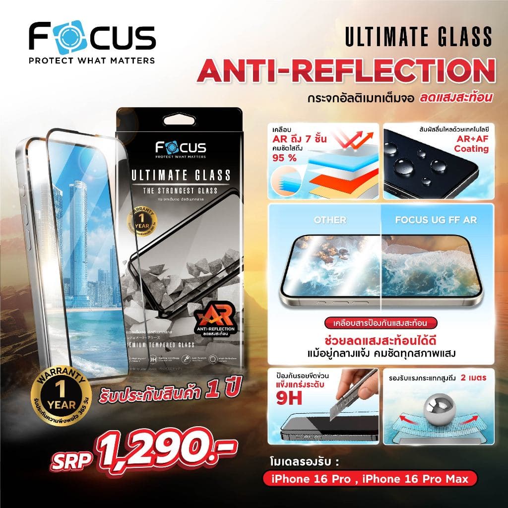 *ประกัน1ปี* Focus กระจกเต็มจออัลติเมท ลดแสงสะท้อน Ultimate Glass AR สำหรับ iPhone 17 17Air 17Pro 17ProMax 16 Pro 16 PM รูปที่ 2