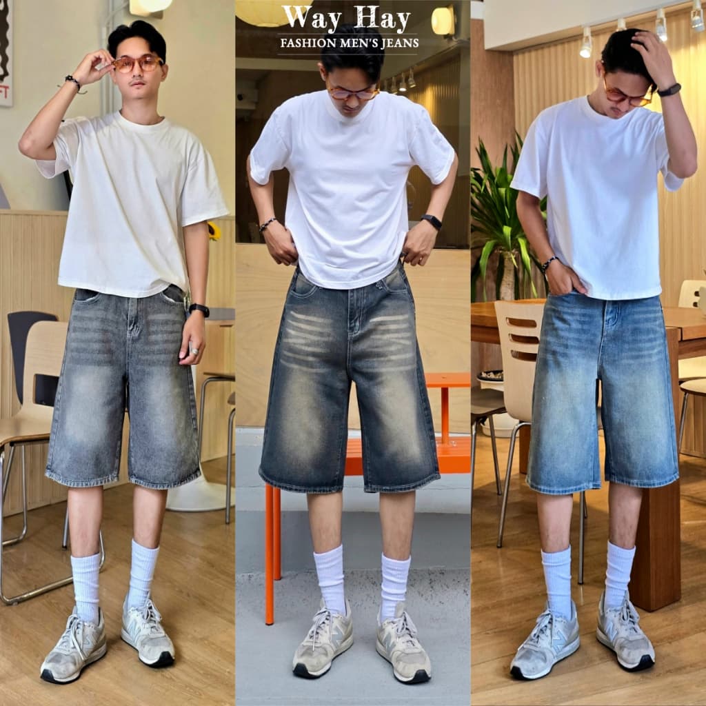 3 สี Short Jeans กางเกงยีนส์ ทรงหลวม สไตล์เกาหลี แฟชั่น สำหรับผู้ชาย รูปที่ 1