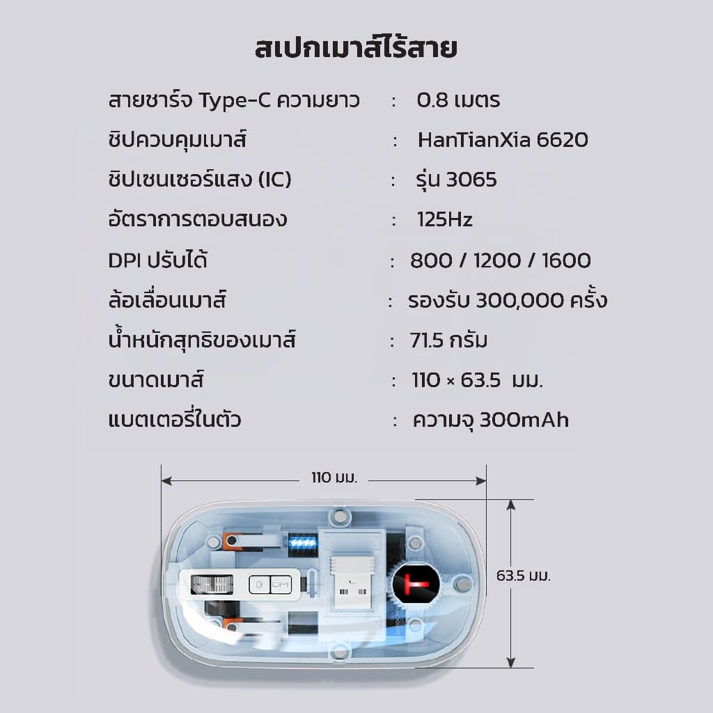 เมาส์ไร้สาย T26 แบบเงียบพิเศษ รองรับ USB/Type-C/Bluetooth 3 โหมด ดีไซน์โปร่งใส ไฟRGB รูปที่ 8